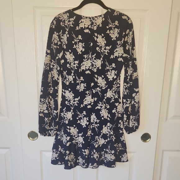 Navy Dark Blue Floral Flirty Faux Wrap Fabric Belt Long Sleeve Dress Size M - Picture 10 of 11